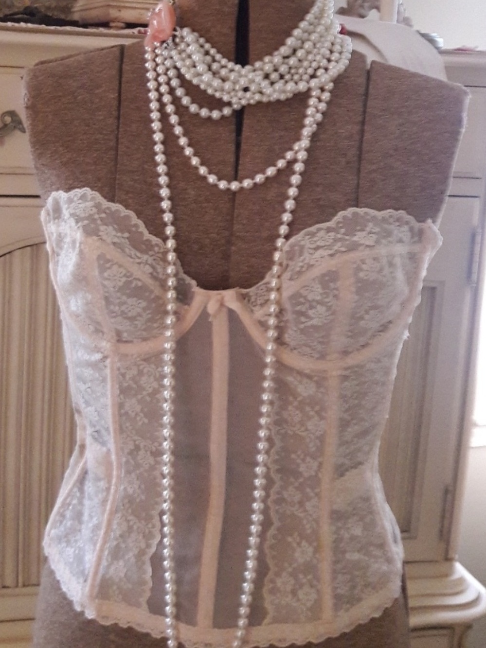 True VTG “a Warner Orginal, Merry Widow” Ivory Longline Bustier with Lace Panels